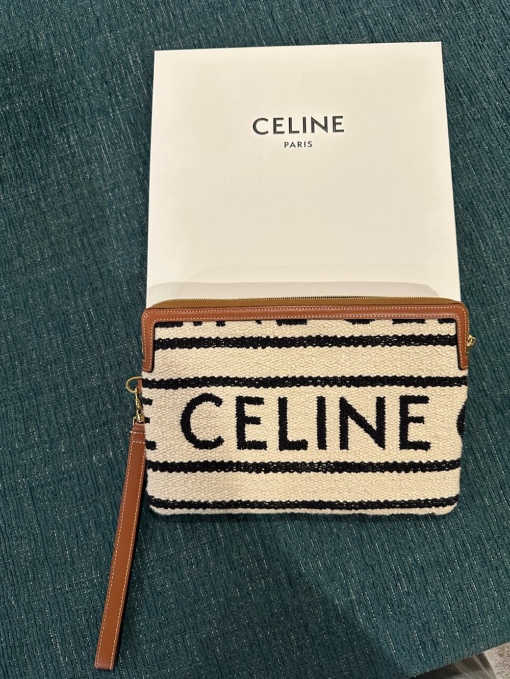 Celine Black and Cream Striped Canvas Wristlet with Tan Trim - Picture 6 of 17